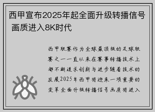 西甲宣布2025年起全面升级转播信号 画质进入8K时代